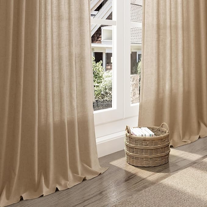 Nanspring Sand Beige Curtains 90 Inches Long for Living Room Linen Blend Semi Sheer Simple Modern Light Filtering Curtains Back Tab Privacy Burlap Textured Curtain for Bedroom Office 52x90, 2 Panels
