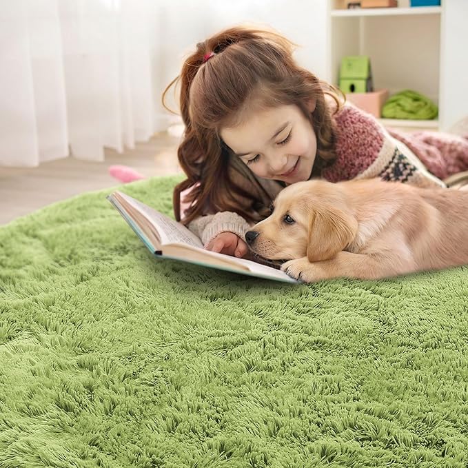 OLANLY Grass Green Round Rugs for Bedroom - Machine Washable, 6 ft Circle Area Rugs for Living Room, Soft and Fluffy Shaggy Carpet for Teen Girls and Boys, Nursery Rooms, Dorms, Home Decor Aesthetic
