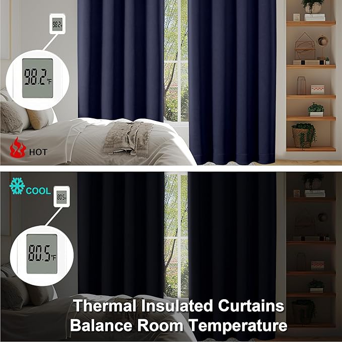 Simplebrand Ava Navy Blue Blackout Curtains for Bedroom 84 Inch Length 2 Panels Set, Solid Thermal Insulated Privacy Living Room Window Treatment Curtains Blackout Drapes, W50 x L84 Inch, Navy Blue