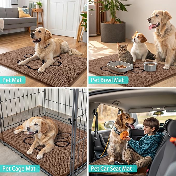 Smiry Dog Door Mat for Muddy Paws, Absorbent Dirt Trapper Non Slip Quick Dry Washable Chenille Mat for Mud Dogs, Entry Rug for Indoor and Outdoor (47x32 Inches, Camel and Black)