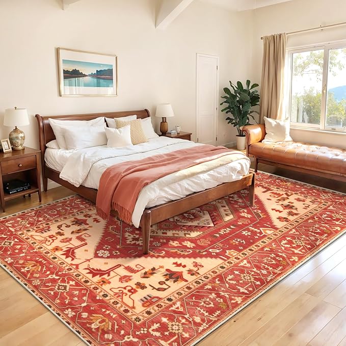 SERISSA Washable Rugs 8x10 Area Rugs, Large Non-Slip Boho Living Room Rug, Ultra Soft Oriental Vintage Red Print Distressed Carpet for Dining Room Bedroom Dorm Office Home Decor