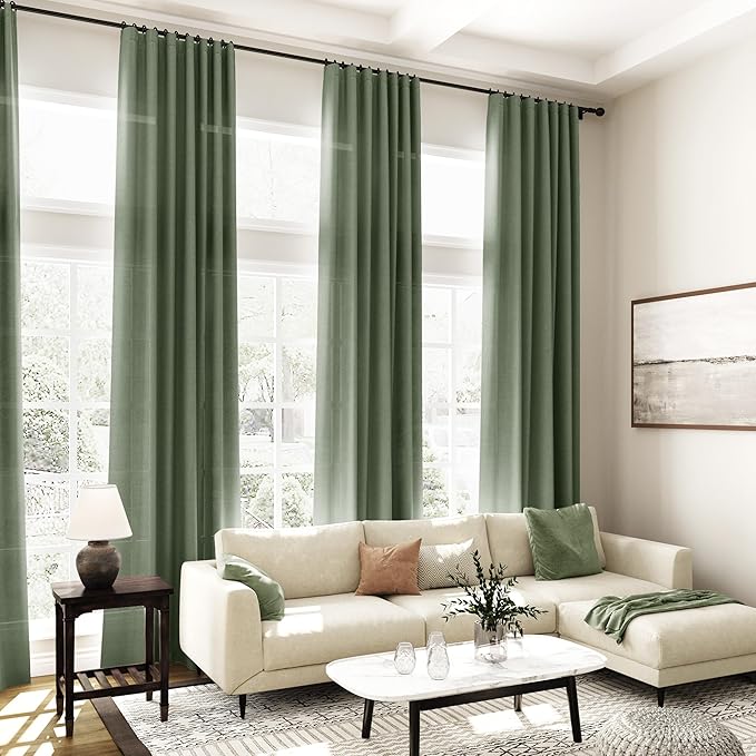 Olive Green Linen Textured 96 Inch Curtains 2 Panel Set Back Tab Rod Pocket Sheer Light Filtering Boho Room Decor Aesthetic Curtains Burlap Look Curtain Drapes for Living Room Bedroom 40x96 Inch