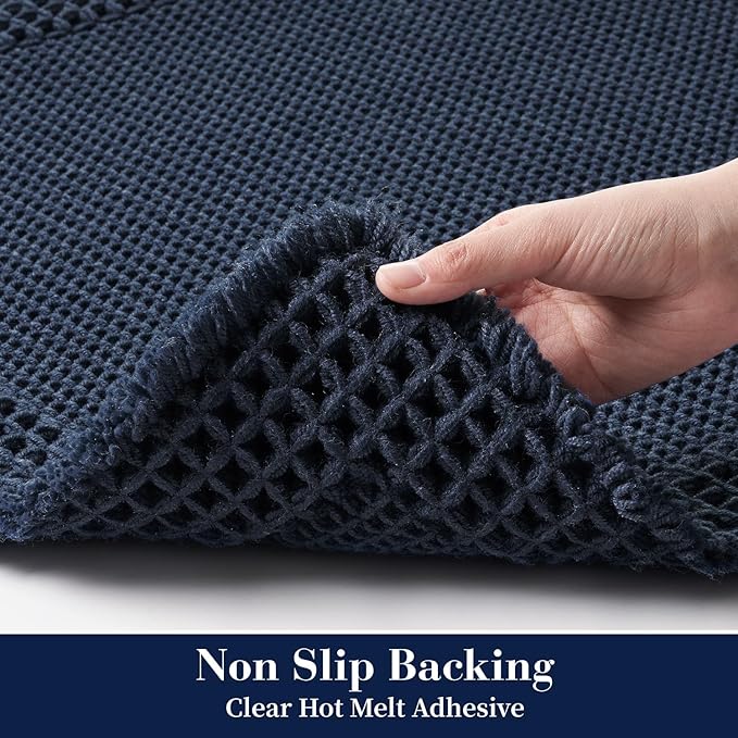 RESARE Waffle Bath Mat for Bathroom, Super Absorbent Bathroom Rugs Non Slip Machine Washable, Ultra Soft Quick Dry Boho Bath Rugs with Tassels for Floor, Upgraded Bordered Design, 18"x30" Navy