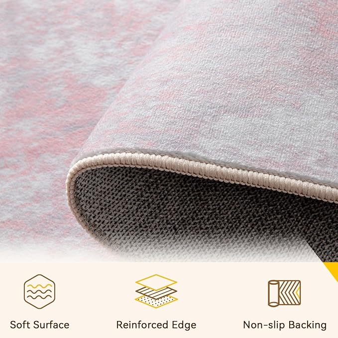 Washable Area Rugs 6'x9' Non-Slip Modern Abstract Soft for Living Room Entryway Bedroom Nursery, Print Pattern, Grey Pink