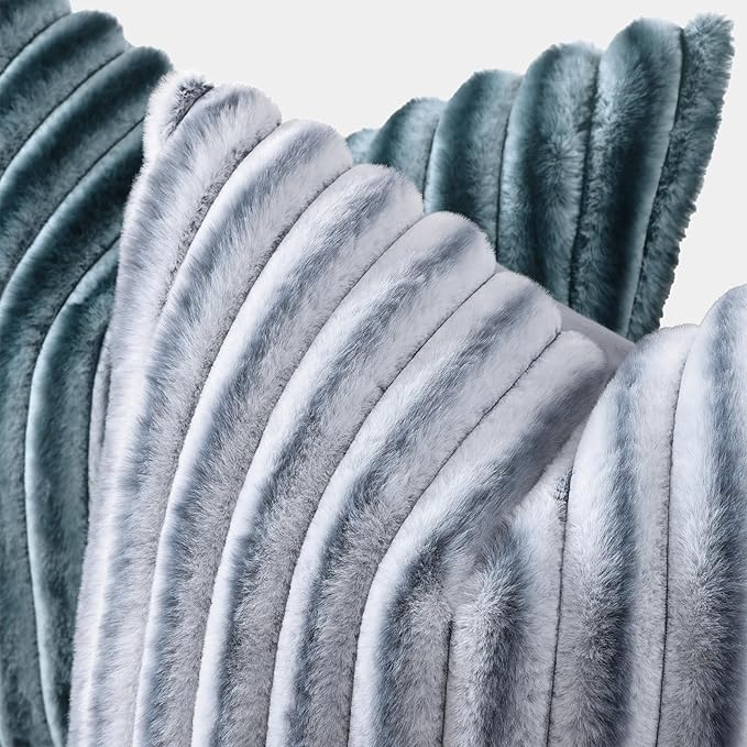 decorUhome Cozy Faux Fur Throw Pillow Covers 12x20 Set of 2 Decorative Soft Plush Striped Lumbar Modern Farmhouse Boho Couch Pillow Cases with Velvet Back for Sofa Bed Living Room, Blue Grey