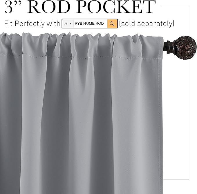 RYB HOME Short Blackout Curtains for Small Window, Sunmmer Heat Light Blocking Privacy Protection Curtains for Sunroom Laundry Room Stair Window, Width 52 by Length 36, Silver Grey, Set of 2