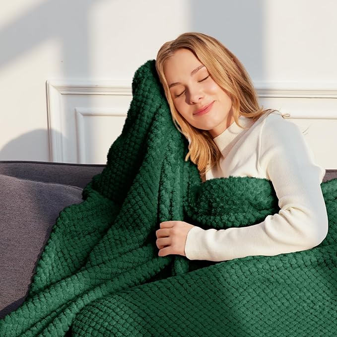 Whale Flotilla Queen Size Fuzzy Fleece Blanket for Bed, 90x90 Inch Fluffy Warm Soft Jacquard Blankets for All Season, Lightweight and Cozy, Deep Green