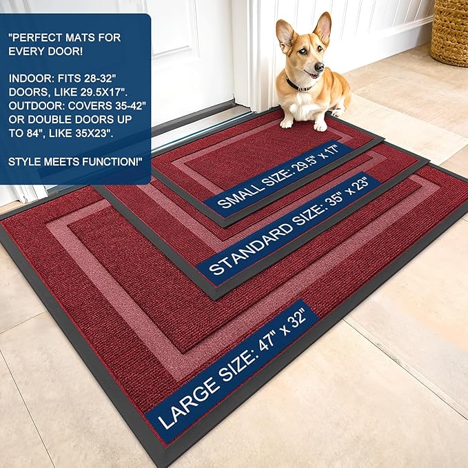 OLANLY Front Door Mat Indoor Outdoor Entrance, Waterproof All-Season, All-Weather Doormat, Sturdy Natural Rubber, Fade Resistant, Low Profile, Easy Clean Patio Porch Entryway Mat, 71x34, Wine Red