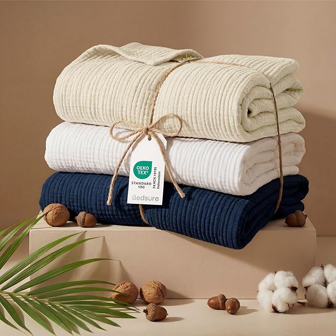 Bedsure 100% Cotton Muslin Blankets for Adults Large Throw 50x70 Inches - 4-Layer Breathable and Lightweight, Soft Boho Gauze Muslin Cotton Blanket for Couch Decor Travel Summer, Navy Blue