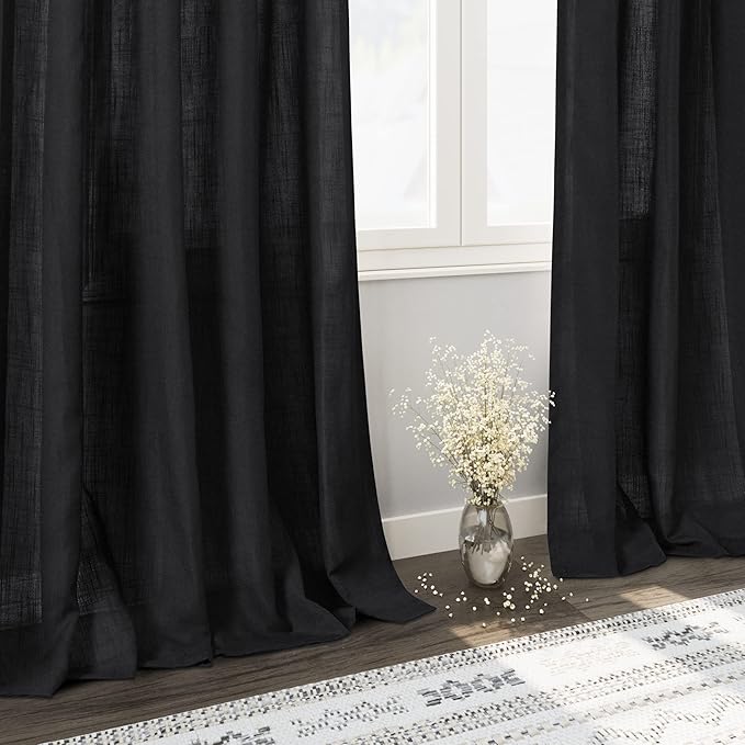 Solid Black Curtains 96 Inches Long 2 Panel Set Back Tab Sheer Black Linen Curtain Modern Farmhouse Muslin Look Cotton Textured Gauze Curtains 96 inch Length for Patio Sliding Door Office Bedroom
