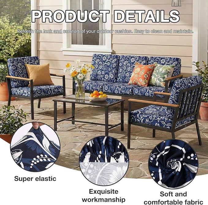 hyha 4Pcs Patio Cushion Covers, Stretch Outdoor Couch Cushion Covers Replacement, Washable Outdoor Chair/Sofa Slipcovers for Patio Furniture Cushions Protector with Elastic Bottom(Baroque,Cover Only)