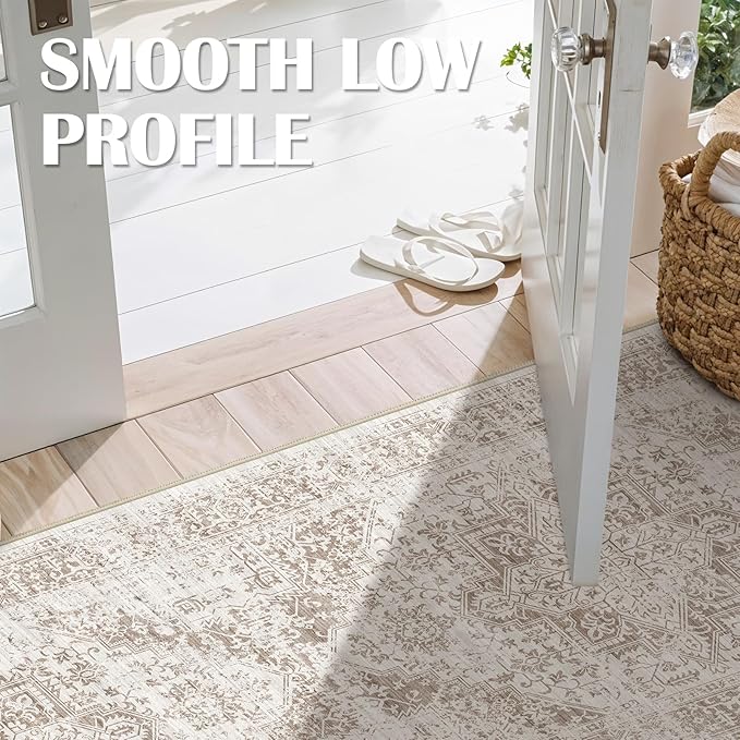 4x10 Washable Hallway Runner Rug - Wide Kitchen Runners Vintage Low Pile Carpet Soft Thin Floor Runner with Rubber Backing for Entryway Bedroom Living Room Home Decor (Cream/Camel)