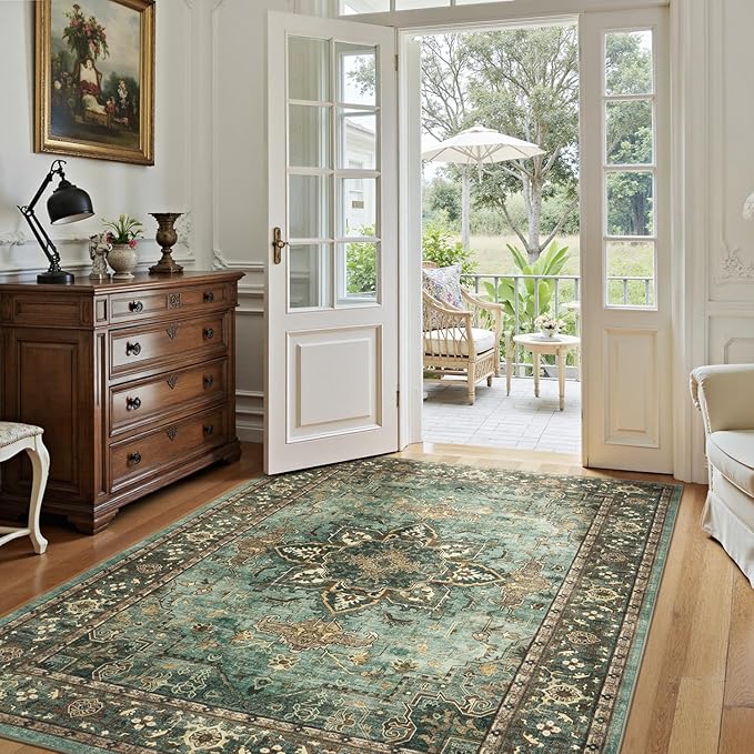 Lofus 3x5 Area Rugs for Living Room, Washable Area Rug, Rugs for Bedroom, Kitchen, Vintage Boho Carpet, Soft Non-Slip, Low Pile Large Area Rug for Office Dining Room, Green