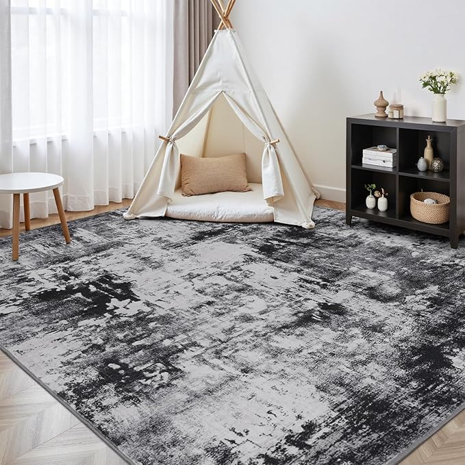 Rugflix 9x12 Area Rugs for Living Room, Washable Large Rug Stain-Resistant Low Pile, Modern Dark Carpet for Dining Room Home Office Kid Room Nursery Bedroom, Black Grey