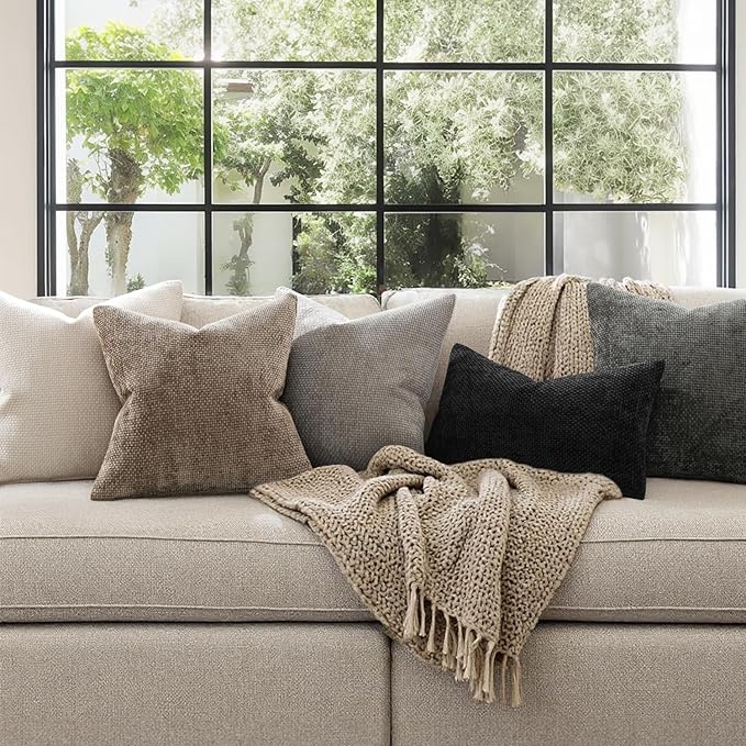 MIULEE Pack of 2 Euro Sham Pillow Covers 24x24 Inch Neutral Beige Modern Boho Accent Decorative Throw Pillow Covers Soft Chenille Farmhouse Cushion Covers for Home Decor Couch Bed Sofa Living Room