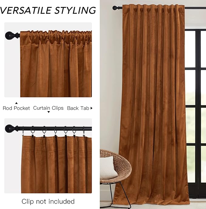 RYB HOME Velvet Curtains 108 inch, Room Darkening Window Curtains for Living Room Thermal Insulated Privacy Backdrop with Back Tab Loop for Bedroom, Golden Oak, W52 x L108 inch, 2 Panels