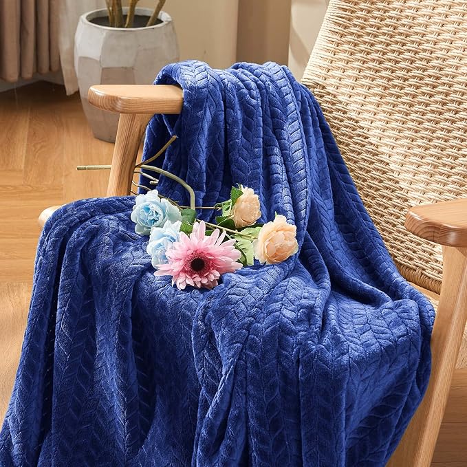 inhand Navy Fleece Queen Blanket for Bed, Super Soft Flannel Cozy Blankets for Adults, Lightweight Leaves Pattern Fuzzy Blanket for Office,Travel, Warm Plush Blankets for All Season, 90x90 Inches