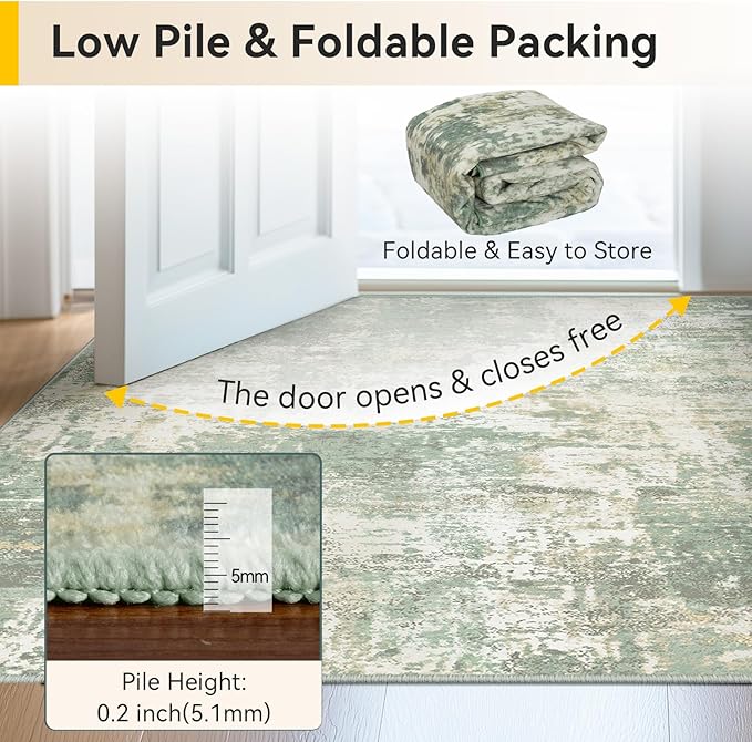 Washable Area Rugs 4'x6' Non-Slip Modern Abstract Soft for Living Room Entryway Bedroom Nursery, Print Pattern, Light Green/Yellow