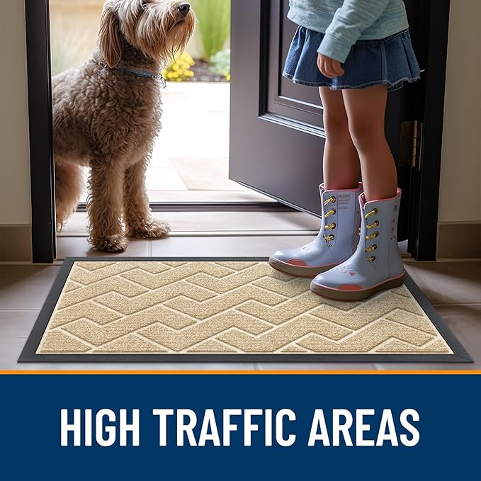 OLANLY Front Door Mat Indoor Outdoor Entrance, Waterproof All-Season, All-Weather Doormat, Sturdy Natural Rubber, Low Profile, Easy Clean Patio Porch Entryway Mat, Herringbone Brick (Beige, 59x23)