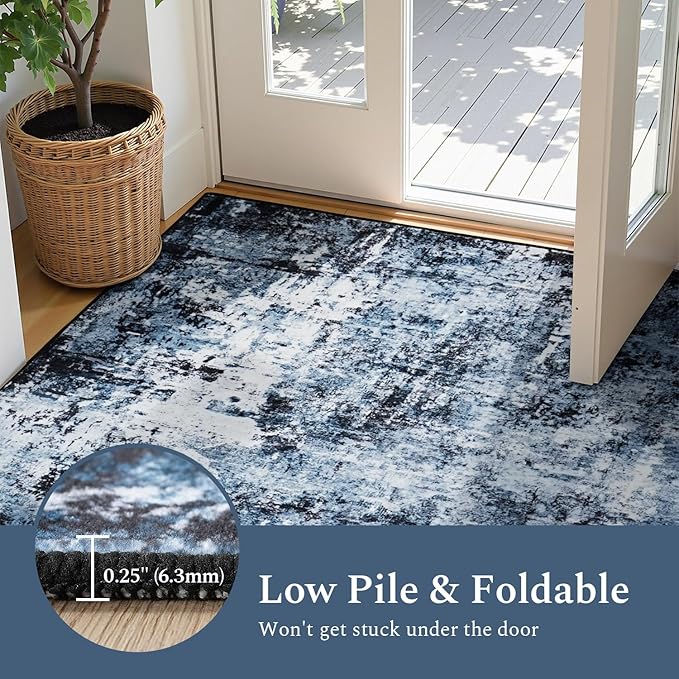 Rugflix 5x7 Area Rugs for Living Room, Washable Large Rug Stain-Resistant Low Pile, Modern Dark Carpet for Dining Room Home Office Kid Room Nursery Bedroom, Navy Blue/Black