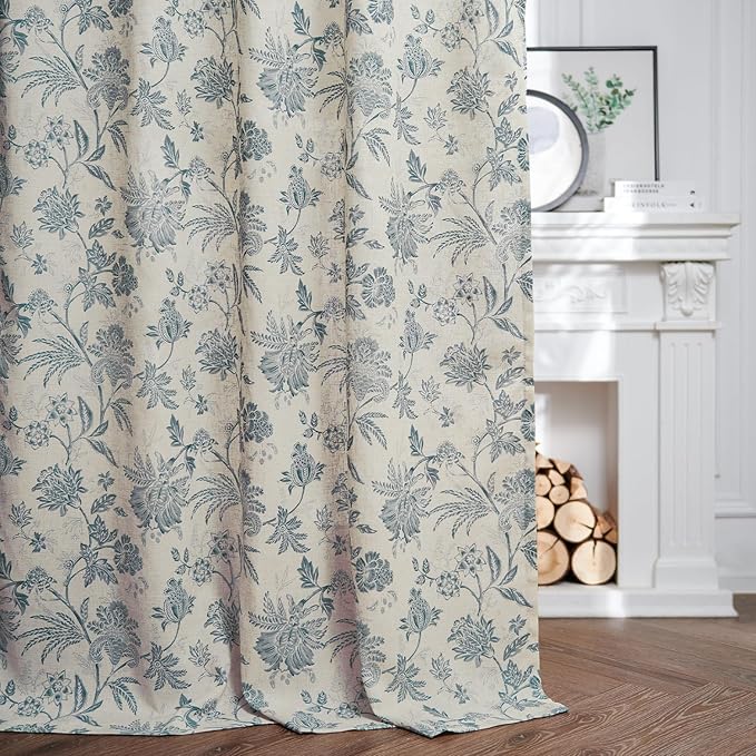 jinchan Linen Floral Curtains for Living Room with Printed Flower 90 Inches Long Light Filtering French Country Back Tab Rod Pocket Blue Window Curtain Set Farmhouse Drapes 2 Panels Blue