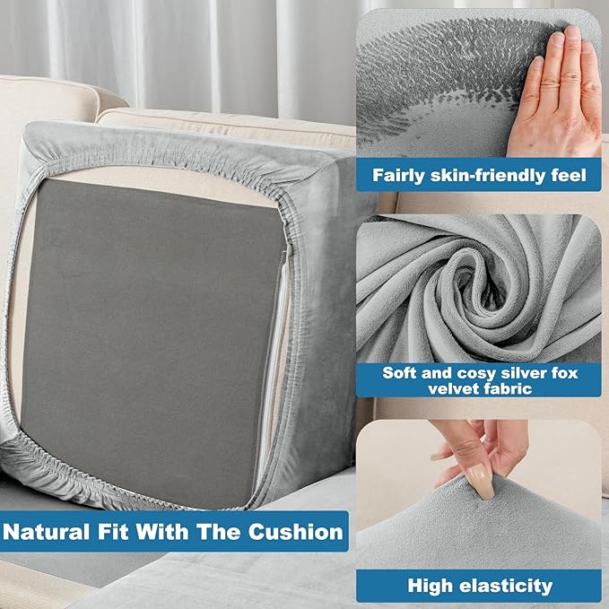 Couch Cover Stretch Velvet Sofa Cushion Cover 1-Piece - Elastic Washable Slipcover for Seat or Backrest, Couch Seat Covers for Sofas (Light Grey)