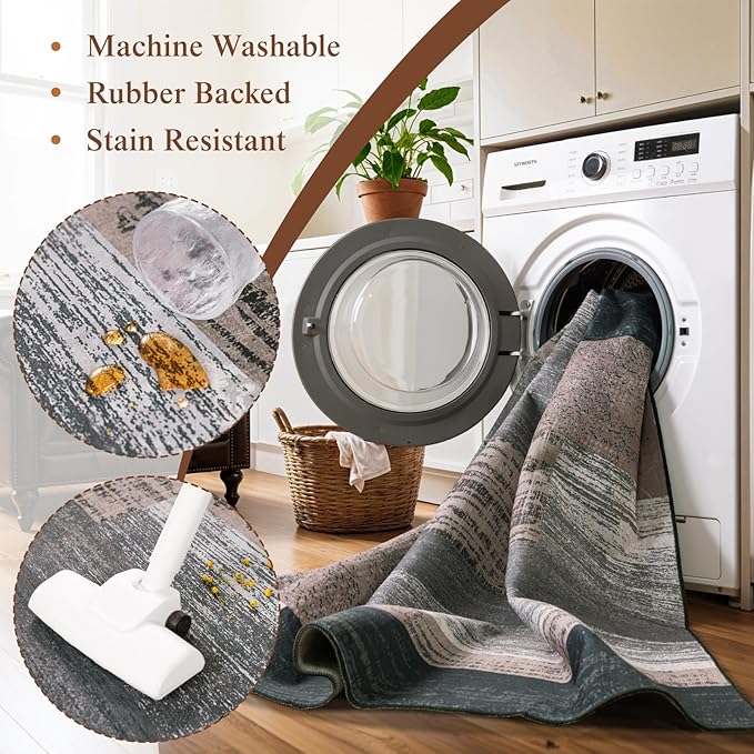 5x7 Washable Area Rugs for Living Room and Bedroom, Vintage Checkered Pattern Non-Slip Carpet, Stain Resistant Low Pile Soft Rug for Dining Room,Office,Nursery,Kids Room(5x7,Chocolate)