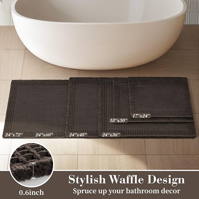 RESARE Waffle Bathroom Runner Rugs, Super Absorbent Bath Mat Non Slip Washable Quick Dry, Upgraded Ultra Soft Boho Bath Rugs with Tassels for Hallway Bedroom Laundry Room, 2'x6'(24"x72"), Chocolate