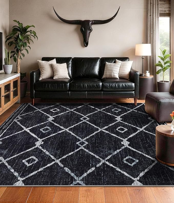 YIHOUSE Moroccan Area Rugs for Living Room 5x7, Black and White Aztec Rug, Western Geometric Soft Low-Pile Washable Rugs for Bedroom, Dining Room