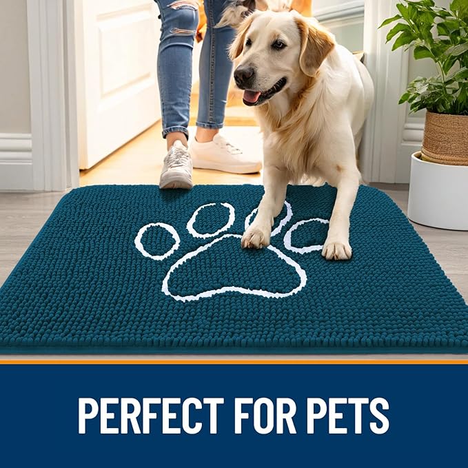 OLANLY Dog Door Mat for Muddy Paws 59x35, Paw Print Design, Absorbs Moisture and Dirt, Absorbent Non-Slip Washable Doormat, Quick Dry Chenille Mud Mat, Entry Indoor Entryway Carpet, Atlantic Blue