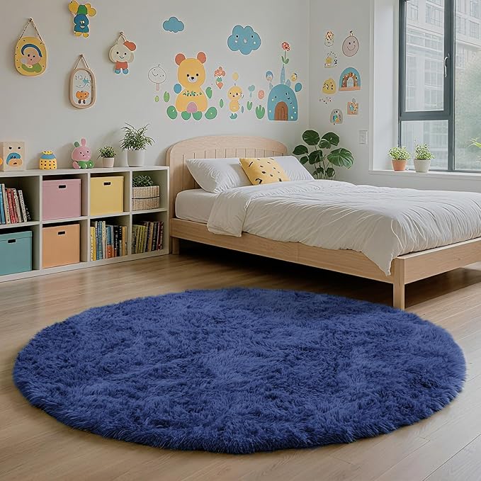 yulidayang Blue Fluffy Round Area Rugs for Bedroom,5'X5'Shag Circle Area Rugs for Living Room,Non Slip Fuzzy Plush Rug for Kids Room Boys Girls Room and Dorm Home Decor Rug