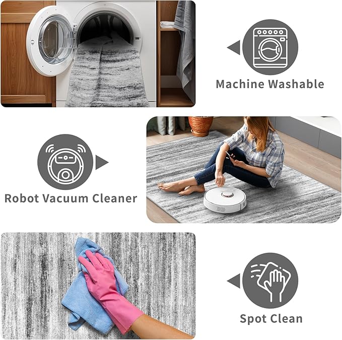 4x6 Rugs for Living Room: Non-Slip Washable Area Rug for Hallway Entryway Kitchen Bedroom - Easy-to-Clean Stain and Water Resistant Carpet - Soft Low-Pile Throw Mat Grey