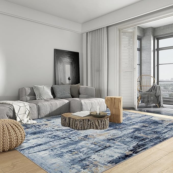 6x9 Area Rugs Washable Rug: Large Modern Abstract Living Room Rug Soft Anti-Skid Thin Carpet Indoor Floor Non-Shedding Carpets for Bedroom Dining Room Farmhouse Nursery Home Office Blue Gold