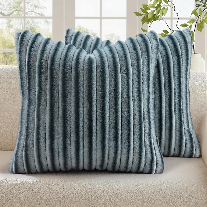 decorUhome Cozy Faux Fur Throw Pillow Covers 24x24 Set of 2 Decorative Soft Plush Striped Modern Farmhouse Boho Couch Euro Sham Pillow Cases with Velvet Back for Sofa Bed Living Room, Blue Grey