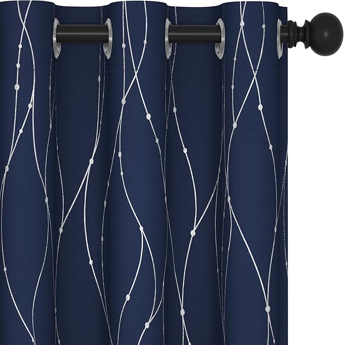 Deconovo Navy Blue Curtains, Blackout Curtain for Bedroom, 38 x 84 Inch, Thermal Insulated Soundproof Privacy Drapes with Silver Wave Dots Pattern, Grommet Top, Machine Washable Panel for Living Room