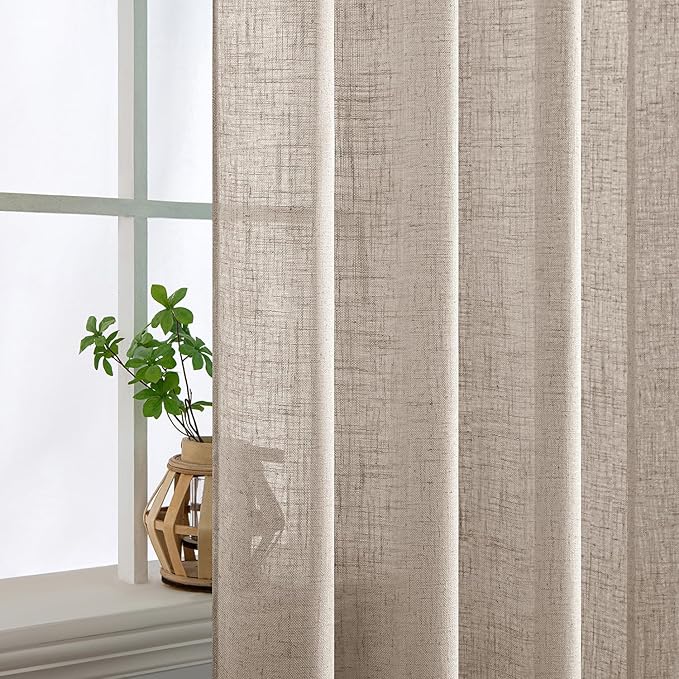 MIULEE Natural Linen Curtains 90 Inch Long 2 Panels for Bedroom Living Room, Soft Linen Textured Window Drapes Semi Sheer Light Filtering Back Tab Rod Pocket Farmhouse Modern Burlap Look Decor