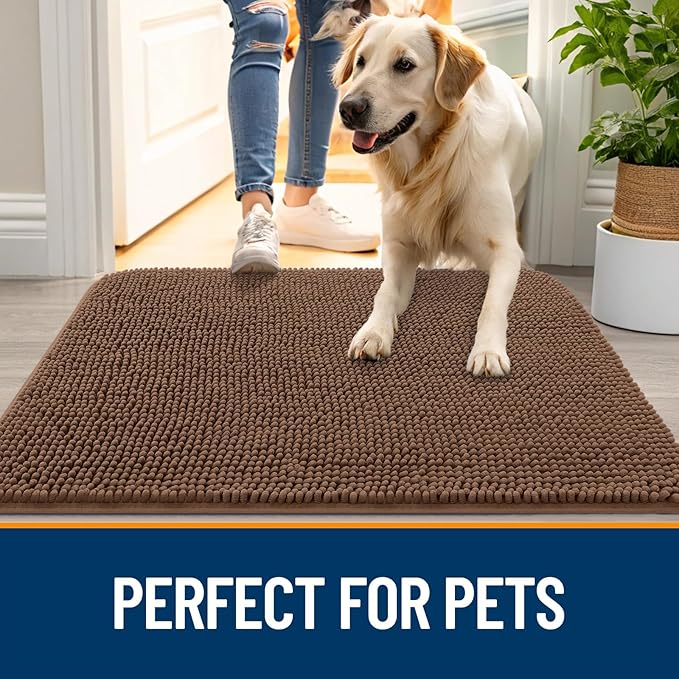 OLANLY Dog Door Mat for Muddy Paws 70x46, Absorbs Moisture and Dirt, Absorbent Non-Slip Washable Doormat, Quick Dry Chenille Mud Mat for Dogs, Entry Indoor Entryway Carpet for Inside Floor, Mocha
