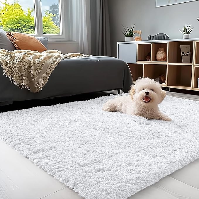 OLANLY 4x4 Machine Washable Accent Rug, Soft Fluffy Shaggy Area Rug for Bedroom, Living Room, Indoor Floor Carpet for Kids, Nursery, Home Decor, White