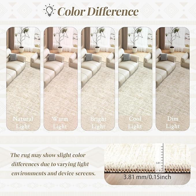 Washable Area Rug 5x7: Moroccan Rug for Living Room Geometric Boho Rug Farmhouse Non Slip Stain Resistant Rugs Low Pile Soft Carpet for Bedroom Dining Room Home Office Children Room (Beige,5'x7')