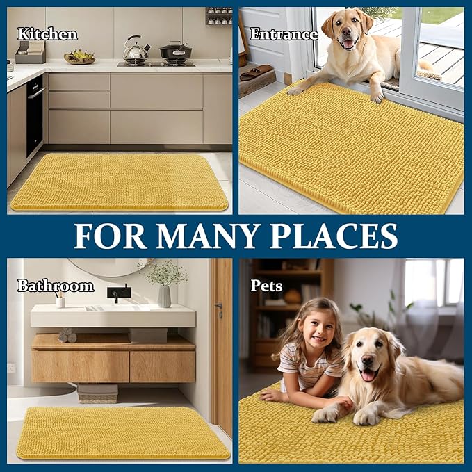 OLANLY Dog Door Mat for Muddy Paws 45x27, Absorbs Moisture and Dirt, Absorbent Non-Slip Washable Doormat, Quick Dry Chenille Mud Mat for Dogs, Entry Indoor Entryway Carpet for Inside Floor, Yellow