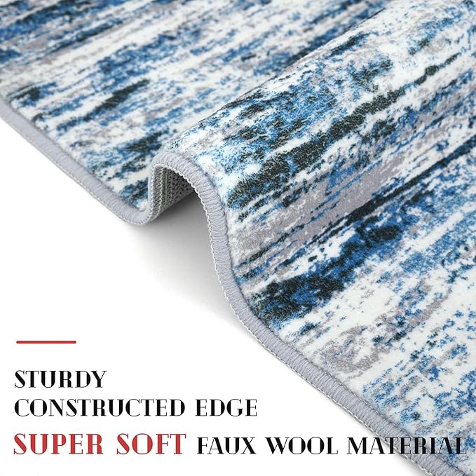 Lansny Modern Abstract Runner Rug 2.6x8, Grey Blue White Washable Kitchen Runner Non-Slip Soft Hallway Rug Runner Thin Print Faux Wool Carpet for Entryway Bedroom Laundry Room Indoor Home Decor
