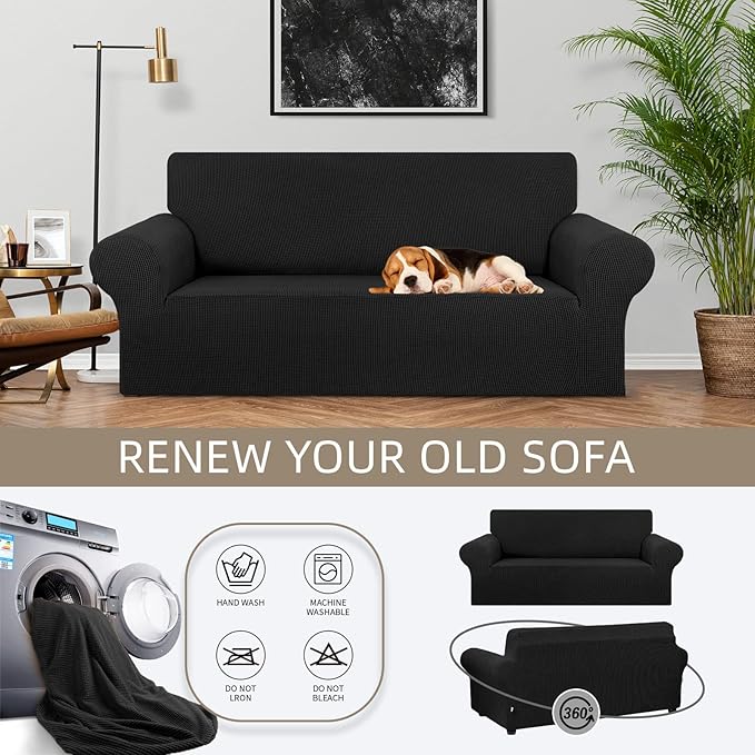 KEKUOU Stretch Loveseat Sofa Cover Slipcover,Couch Covers for 2 Cushion Couch Sofa (55"-78") Furniture Protector Sofa with Elastic Bottom for Kids,Dog. Jacquard Small Checked (Medium,Black)