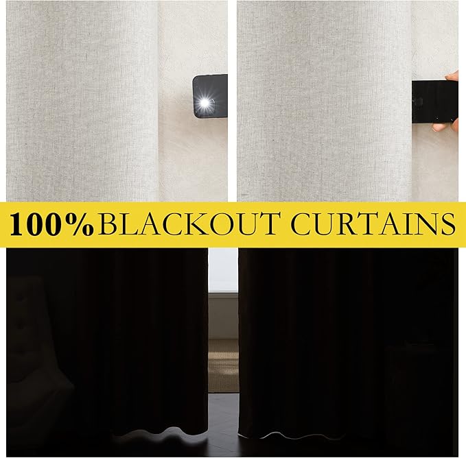NICETOWN 100% Absolutely Blackout Linen Curtains with Thermal Insulated White Liner, Ivory, W62, 2 Pieces, Noise Reducing Textured Linen Look Curtains for Windows 95 inch Length for Classroom