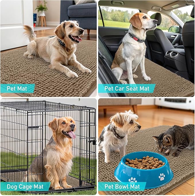 OLANLY Dog Door Mat for Muddy Paws 47x20, Absorbs Moisture and Dirt, Absorbent Non-Slip Washable Doormat, Quick Dry Chenille Mud Mat for Dogs, Entry Indoor Entryway Carpet for Inside Floor, Tan