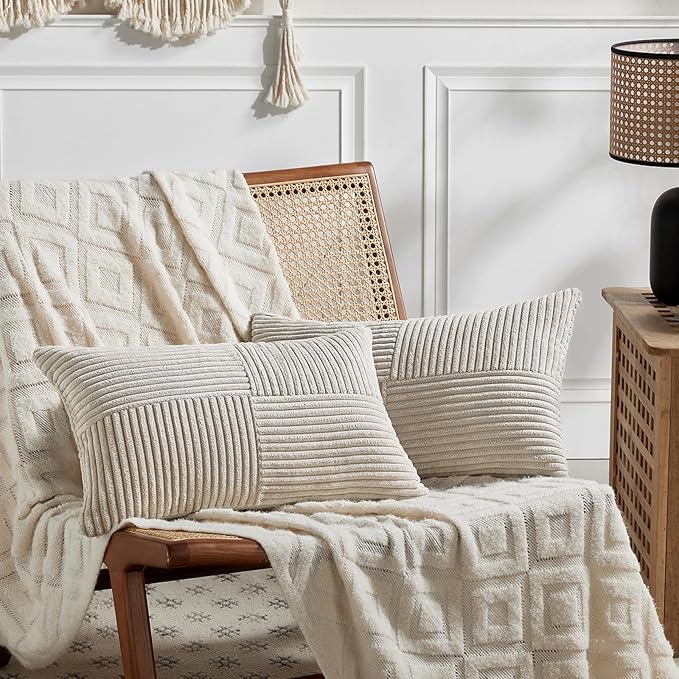 Fancy Homi 2 Packs Neutral Taupe Lumbar Decorative Throw Pillow Covers 16x32 Inch for Living Room Couch Bed Sofa, Farmhouse Home Decor, Soft Striped Corduroy Rectangle Accent Cushion Case 40x80 cm