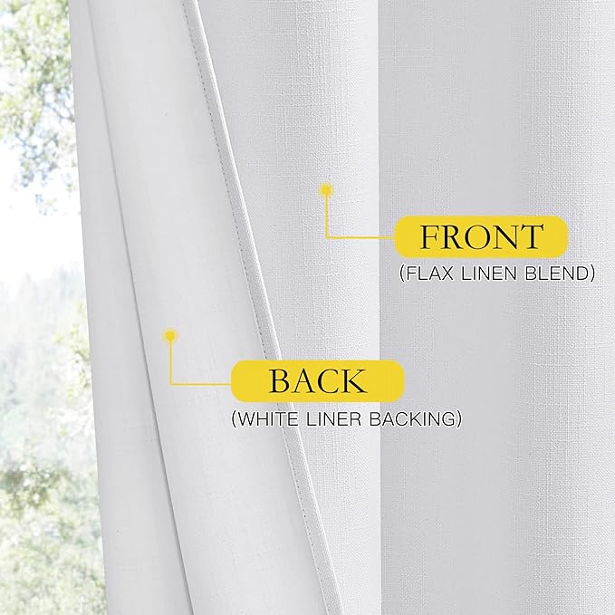NICETOWN 100% Absolutely Blackout Linen Curtains with Thermal Insulated White Liner, White, 62" Wide, 2 Pieces, Privacy Vertical Window Drapes for Office Laundry Living Room Windows 72 inch Long