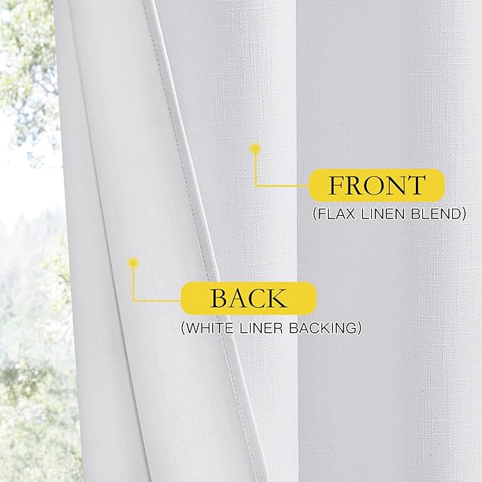 NICETOWN 100% Absolutely Blackout Linen Curtains with Thermal Insulated White Liner, White, 52 inches Wide, 102 inches Length Energy Saving Curtains for Living Room 2 Panels Set, Vertical Blinds