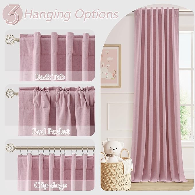 Guken 100% Blackout Curtains 90 Inch Length 2 Panels Set for Living Room Bedroom Back Tab Thermal Insulated Black Out Linen Drapes Room Darkening Rose,52x90
