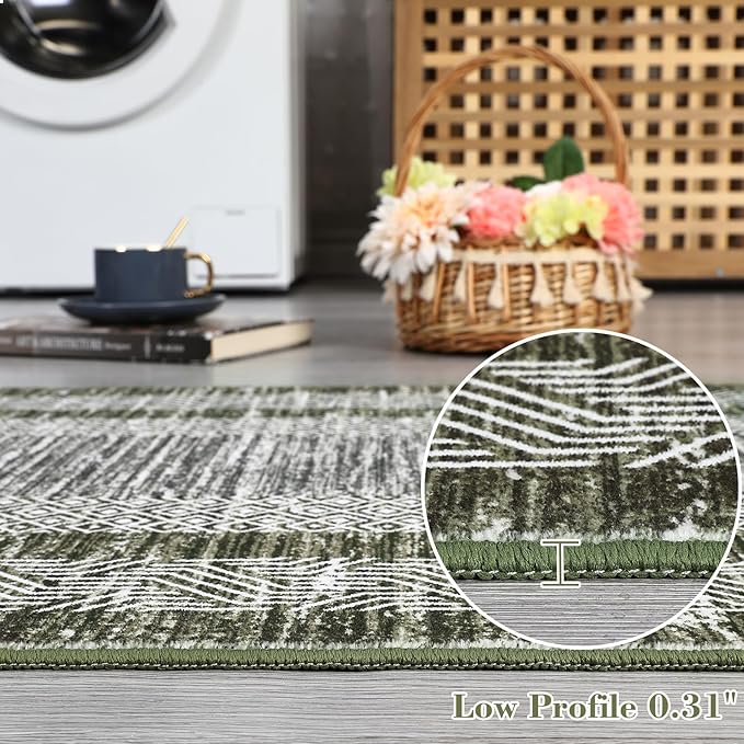 GarveeHome 2.5x8 Modern Bordered Runner Rug Soft Non Slip Washable Floor Carpet Distressed Geometric Hallway Indoor Printed Rug for Kitchen Entrance, Green