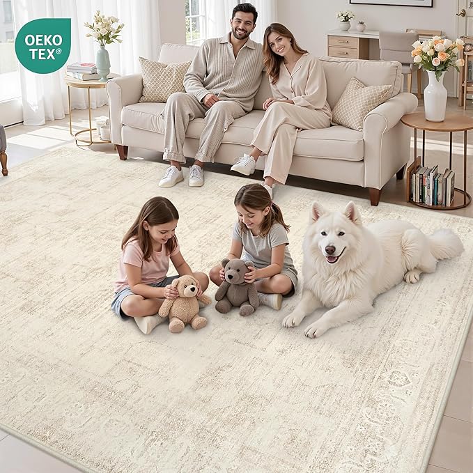 Area Rugs 9x12 Living Room: Vintage Boho Neutral Washable Rug Indoor Soft Large Area Rug Carpet for Bedroom Nursery Farmhouse Dining Room Office Floor Non-Slip Low Pile Under Table Rug Dark Beige